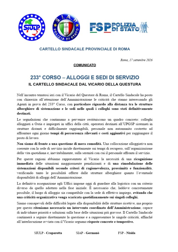 233° CORSO – ALLOGGI E SEDI DI SERVIZIO