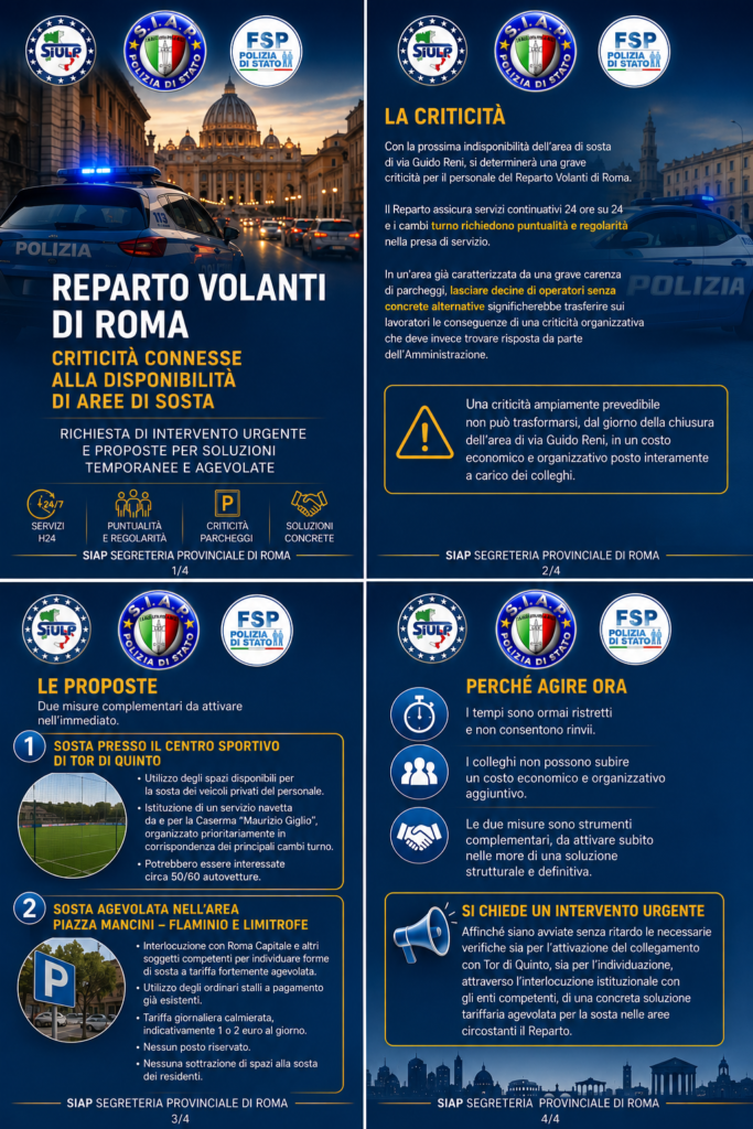 Reparto Volanti di Roma, criticità connesse alla disponibilità di aree di sosta: Richiesta di intervento urgente e proposte per soluzioni temporanee e agevolate