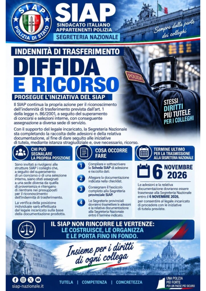 INDENNITA' DI TRASFERIMENTO, diffida e ricorso: prosegue l'iniziativa del S.I.A.P.