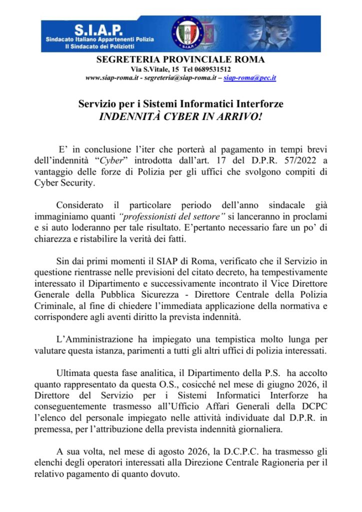 Servizio per i Sistemi Informatici Interforze: INDENNITÀ CYBER IN ARRIVO!